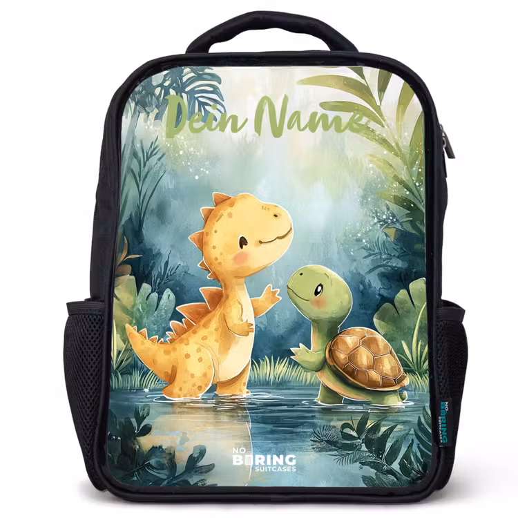 Kinderrucksack mit Namen - Schwarz - Dino - Schildkröte - Dschungel — 1
