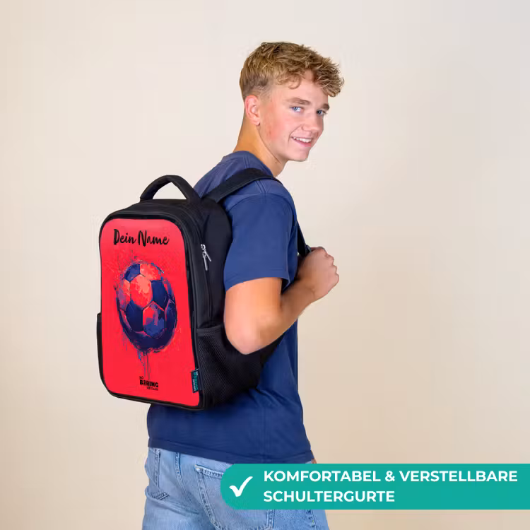Kinderrucksack mit Namen - Schwarz - Fußball-Vibes - Farbe - Blau - Rot — 9