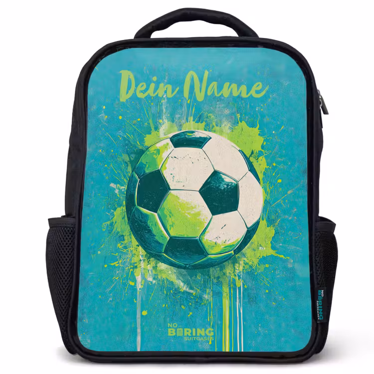 Kinderrucksack mit Namen - Schwarz - Fußball-Vibes - Farbkleckse - Grün - Blau — 1