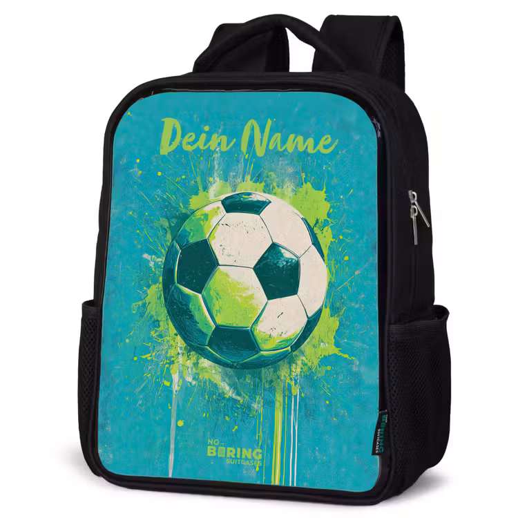 Kinderrucksack mit Namen - Schwarz - Fußball-Vibes - Farbkleckse - Grün - Blau — 4