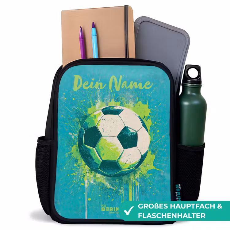 Kinderrucksack mit Namen - Schwarz - Fußball-Vibes - Farbkleckse - Grün - Blau — 8