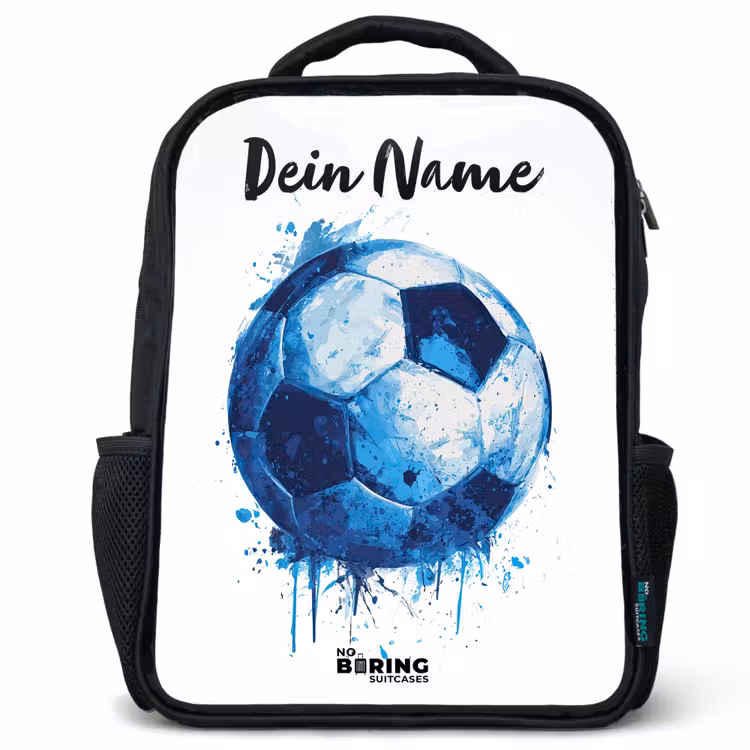 Kinderrucksack mit Namen - Schwarz - Fußball-Vibes - Tintenkleckse - Blau — 1