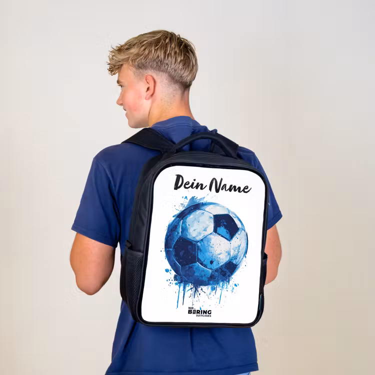 Kinderrucksack mit Namen - Schwarz - Fußball-Vibes - Tintenkleckse - Blau — 3
