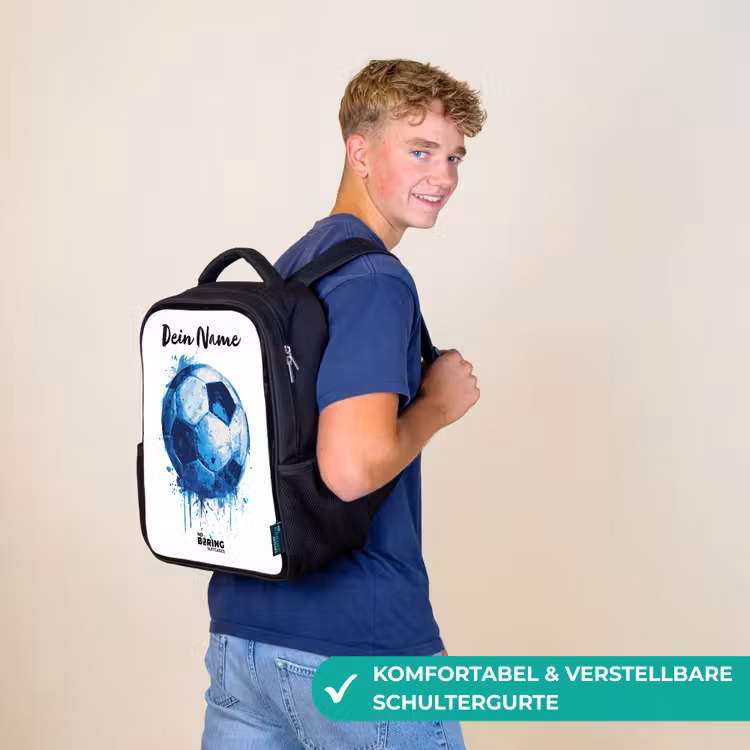 Kinderrucksack mit Namen - Schwarz - Fußball-Vibes - Tintenkleckse - Blau — 9