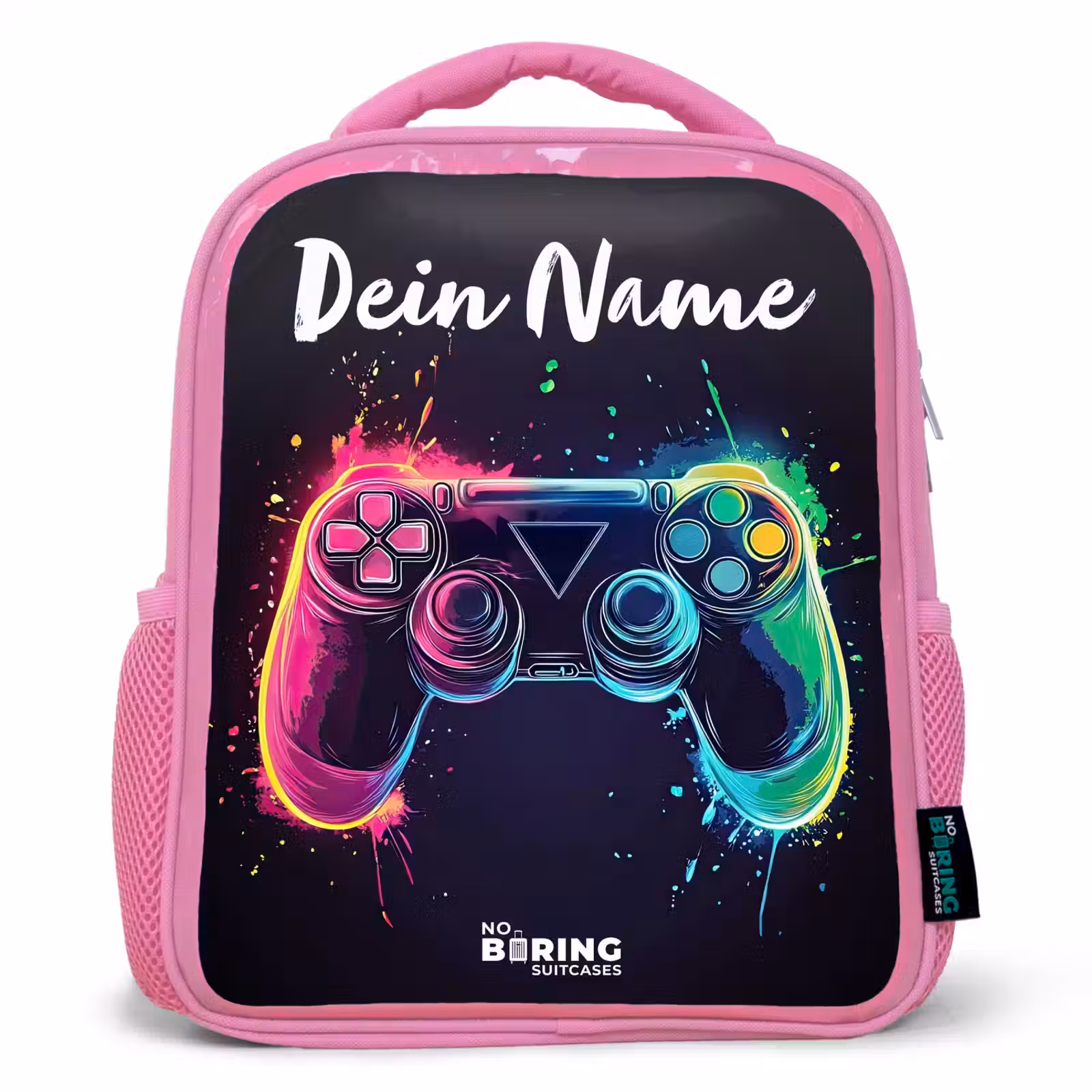 Kinderrucksack mit Namen - Rosa - Neon - Controller - Farbspritzer - Spiel — 1