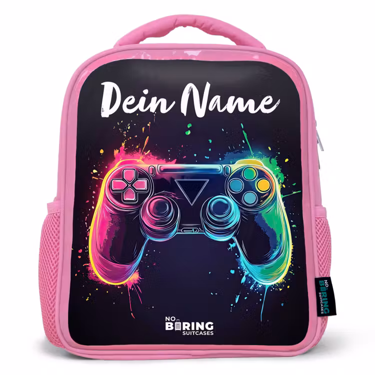 Kinderrucksack mit Namen - Rosa - Neon - Controller - Farbspritzer - Spiel — 1