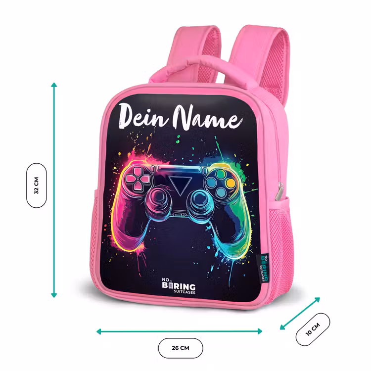 Kinderrucksack mit Namen - Rosa - Neon - Controller - Farbspritzer - Spiel — 2