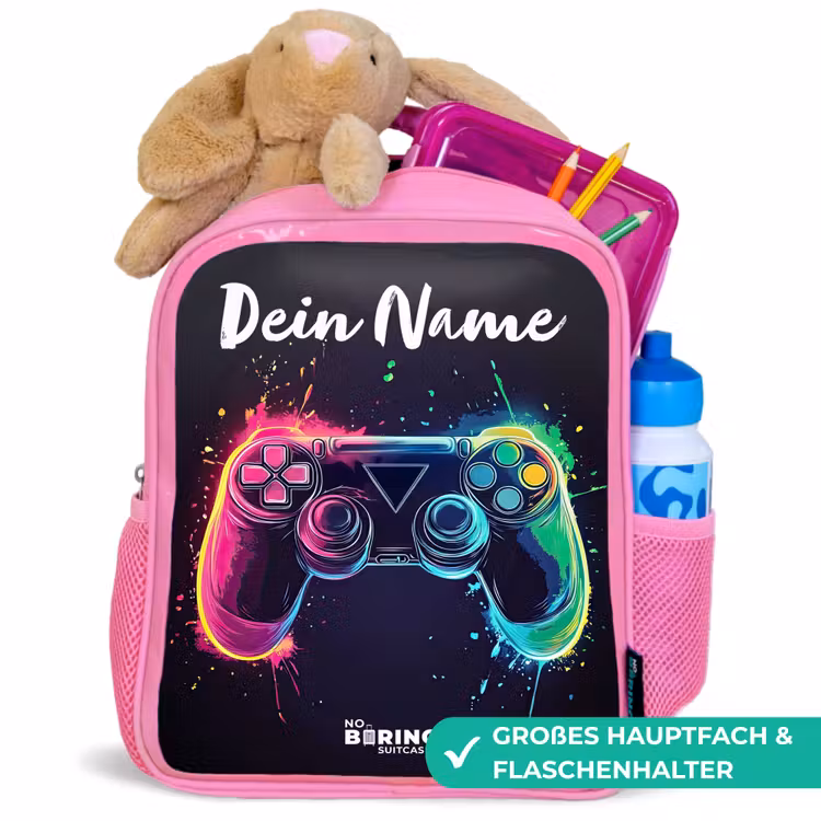 Kinderrucksack mit Namen - Rosa - Neon - Controller - Farbspritzer - Spiel — 3