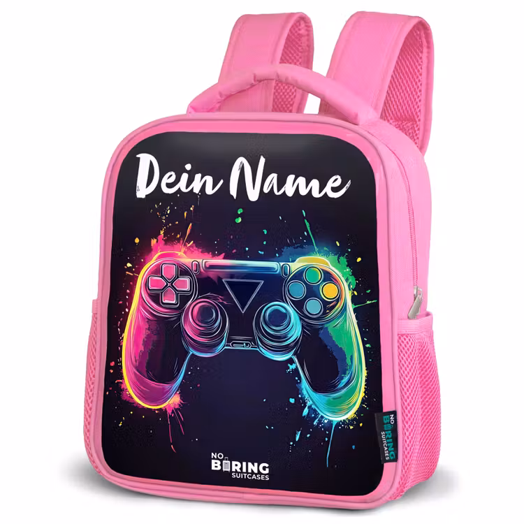 Kinderrucksack mit Namen - Rosa - Neon - Controller - Farbspritzer - Spiel — 4