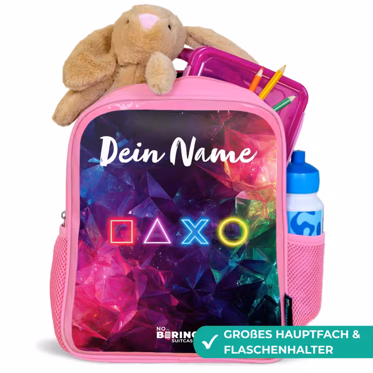 Kinderrucksack mit Namen - Rosa - Symbole - Spiel - Farbenfroh — 3