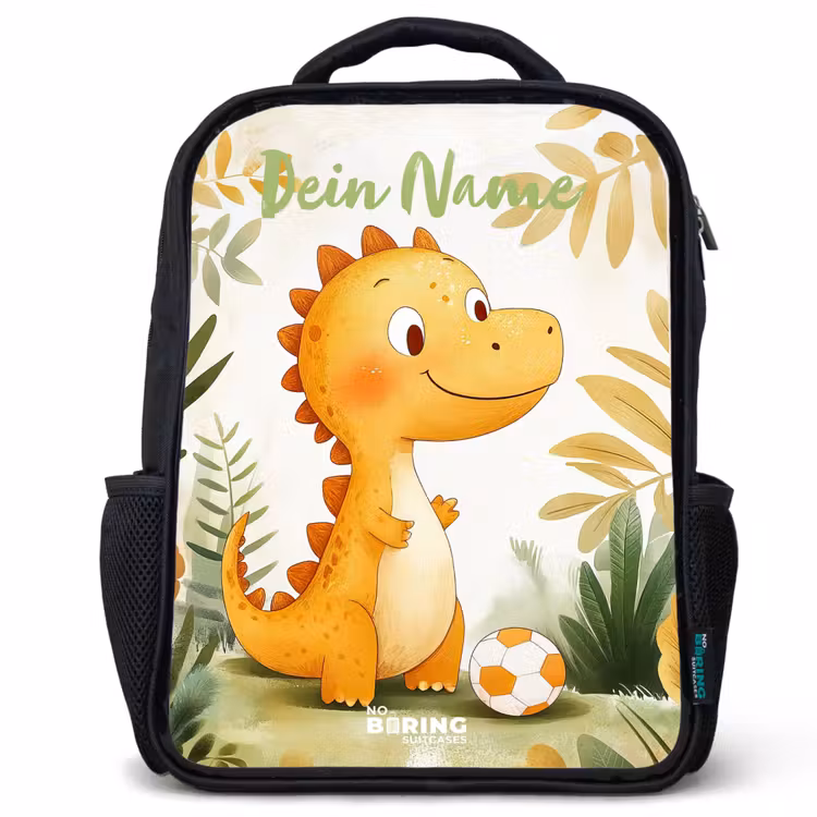 Kinderrucksack mit Namen - Schwarz - Dino - Fußball - Orange — 1
