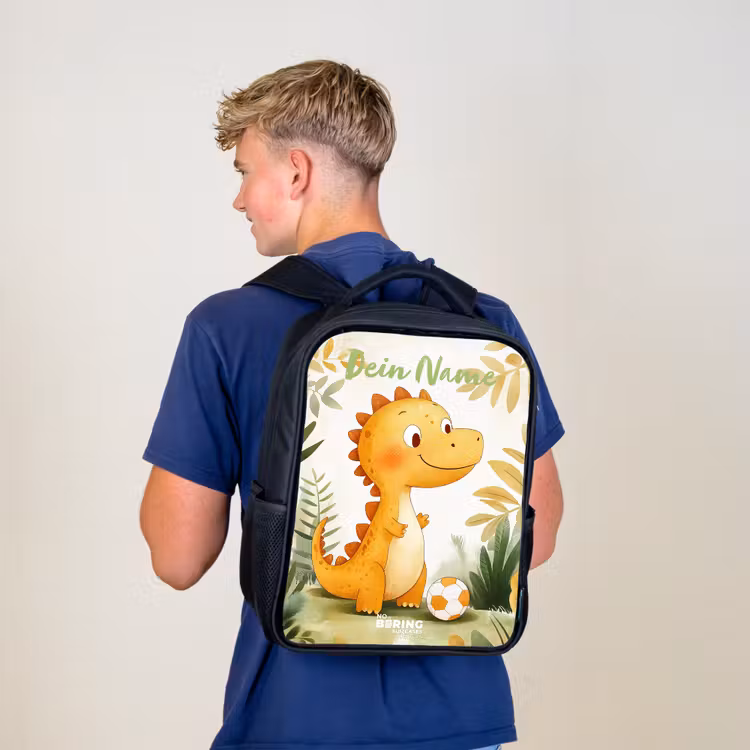 Kinderrucksack mit Namen - Schwarz - Dino - Fußball - Orange — 3