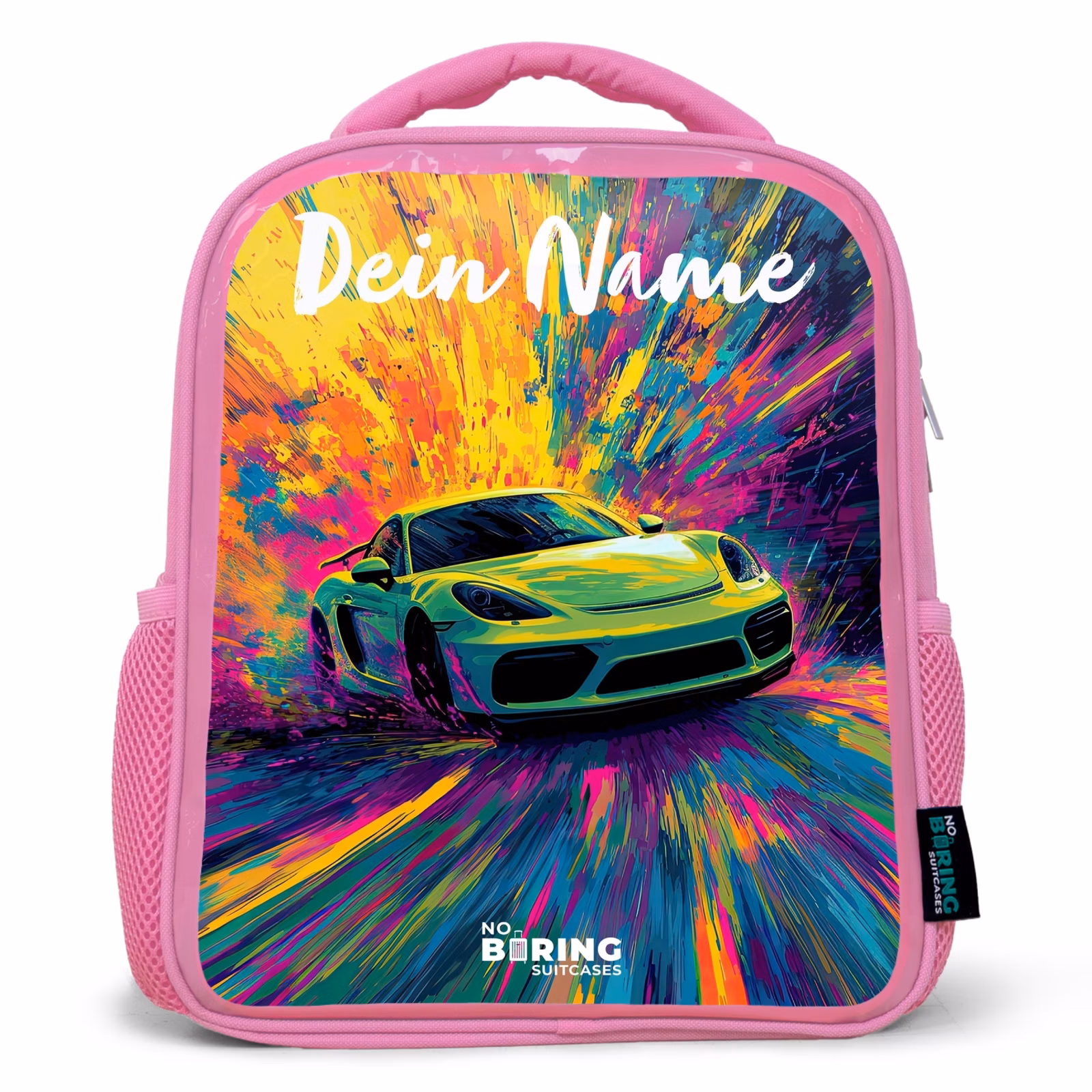 Kinderrucksack mit Namen - Rosa - Sportwagen - Grün - Lackstreifen - Farben — 1