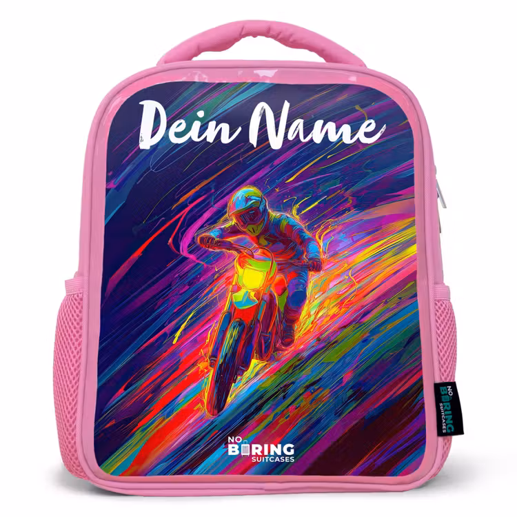 Kinderrucksack mit Namen - Rosa - Crossrad - Neonfarben - Linien - Helm — 1
