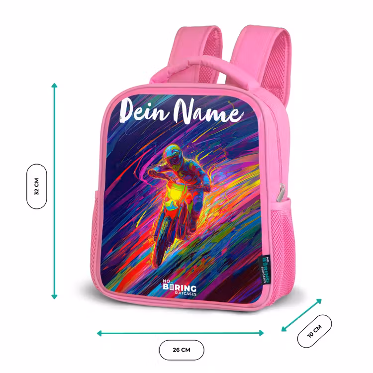 Kinderrucksack mit Namen - Rosa - Crossrad - Neonfarben - Linien - Helm — 2