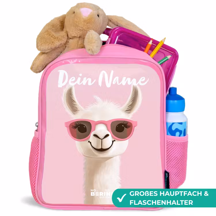 Kinderrucksack mit Namen - Rosa - Lama - Weiß - Sonnenbrille - Wimpern — 3