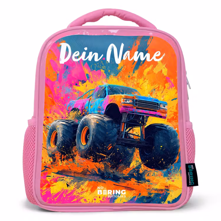 Kinderrucksack mit Namen - Rosa - Monstertruck - Abstrakt - Farbspritzer - Farbenfroh — 1