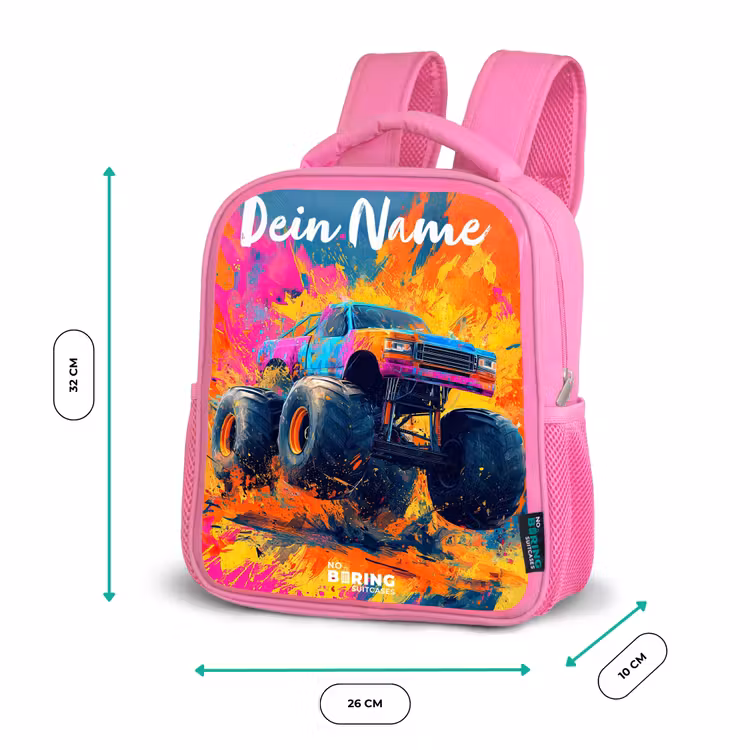 Kinderrucksack mit Namen - Rosa - Monstertruck - Abstrakt - Farbspritzer - Farbenfroh — 2