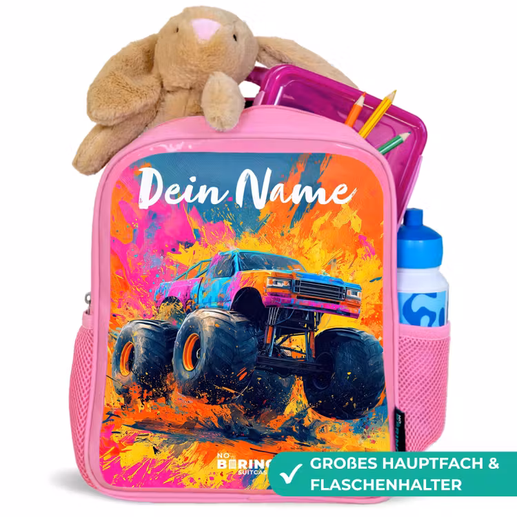 Kinderrucksack mit Namen - Rosa - Monstertruck - Abstrakt - Farbspritzer - Farbenfroh — 3