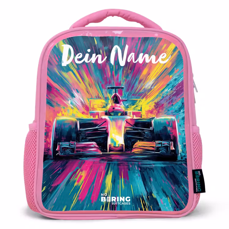 Kinderrucksack mit Namen - Rosa - Rennwagen - Abstrakt - Streifen - Blau — 1