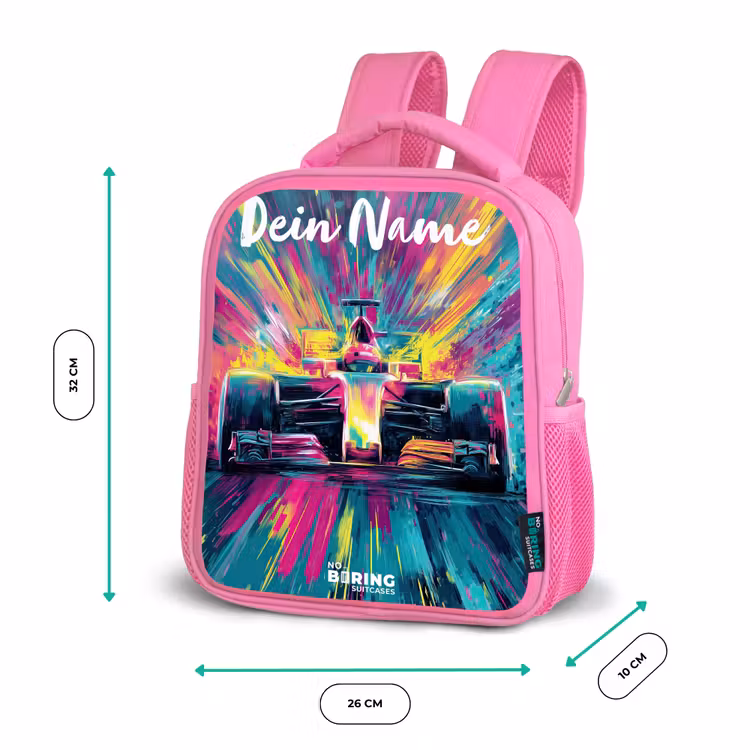 Kinderrucksack mit Namen - Rosa - Rennwagen - Abstrakt - Streifen - Blau — 2