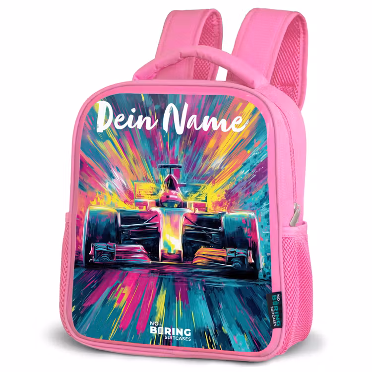 Kinderrucksack mit Namen - Rosa - Rennwagen - Abstrakt - Streifen - Blau — 4