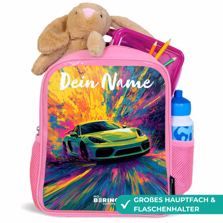 Kinderrucksack mit Namen - Rosa - Sportwagen - Grün - Lackstreifen - Farben — 3