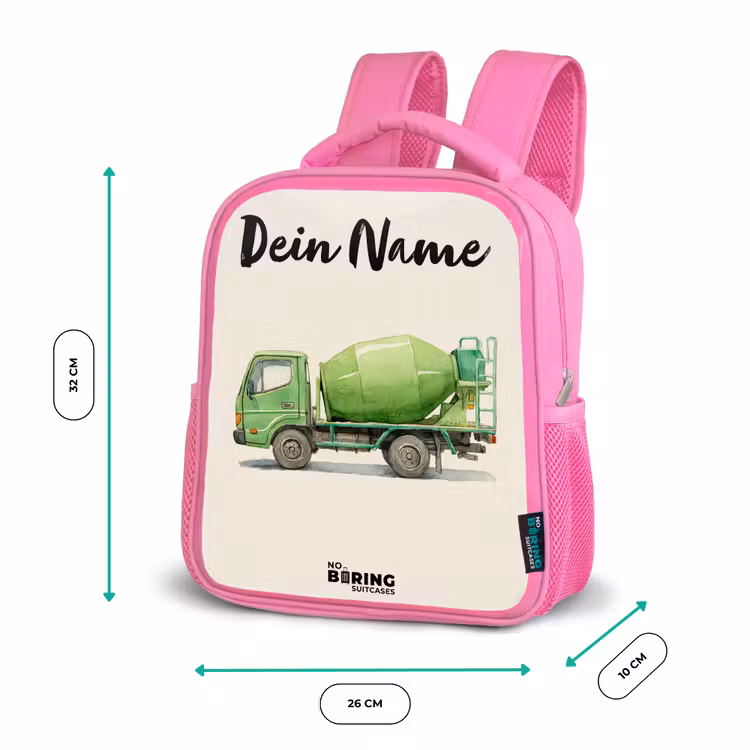 Kinderrucksack mit Namen - Rosa - Betonmischer - Unterzeichnet - Grün — 2