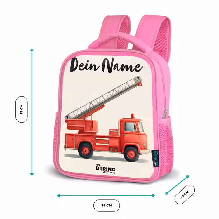 Kinderrucksack mit Namen - Rosa - Feuerwehrauto - Signiert - Rot — 2