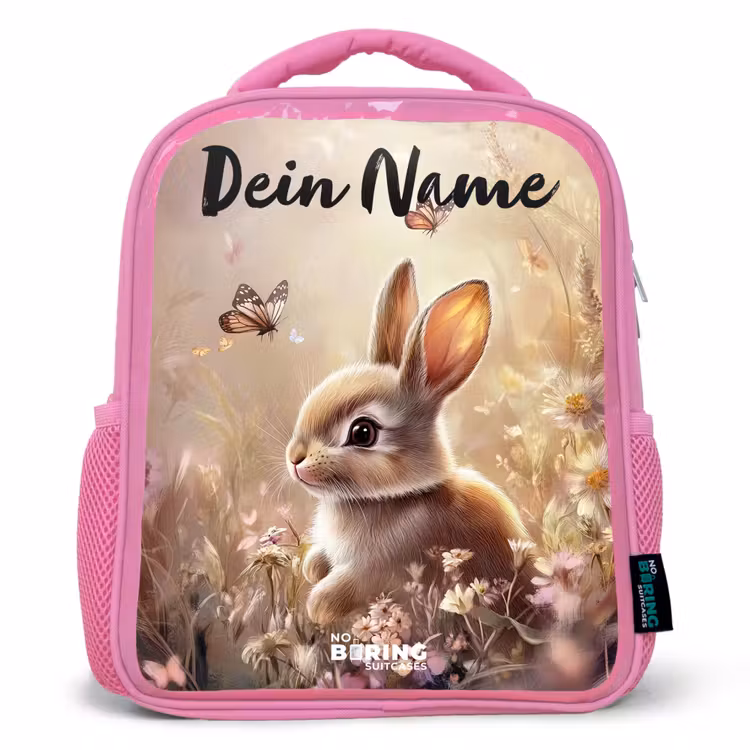Kinderrucksack mit Namen - Rosa - Hase - Braun - Blumen - Schmetterlinge — 1