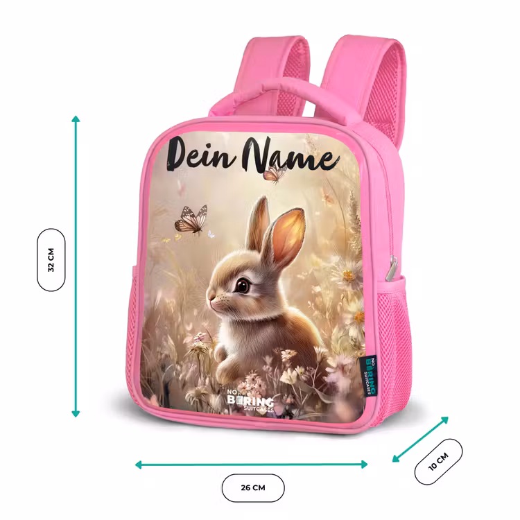 Kinderrucksack mit Namen - Rosa - Hase - Braun - Blumen - Schmetterlinge — 2