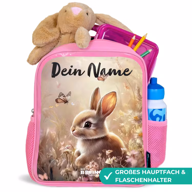 Kinderrucksack mit Namen - Rosa - Hase - Braun - Blumen - Schmetterlinge — 3