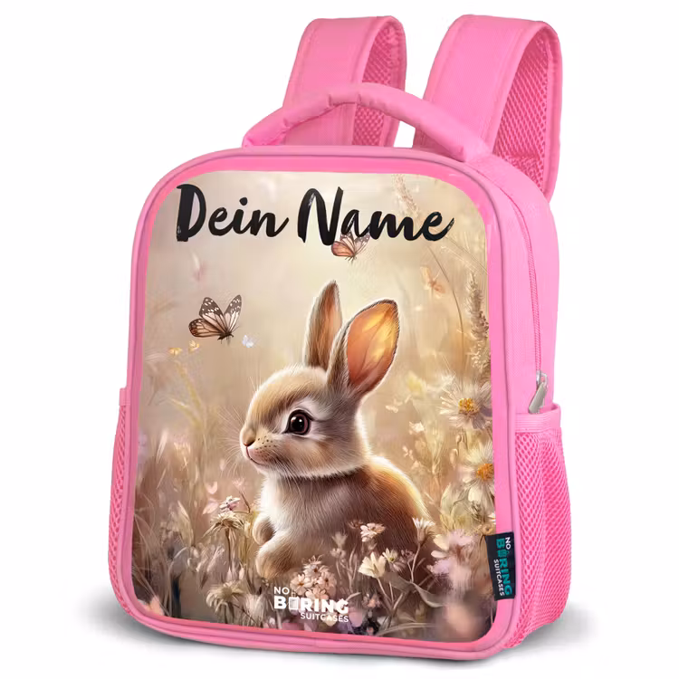Kinderrucksack mit Namen - Rosa - Hase - Braun - Blumen - Schmetterlinge — 4