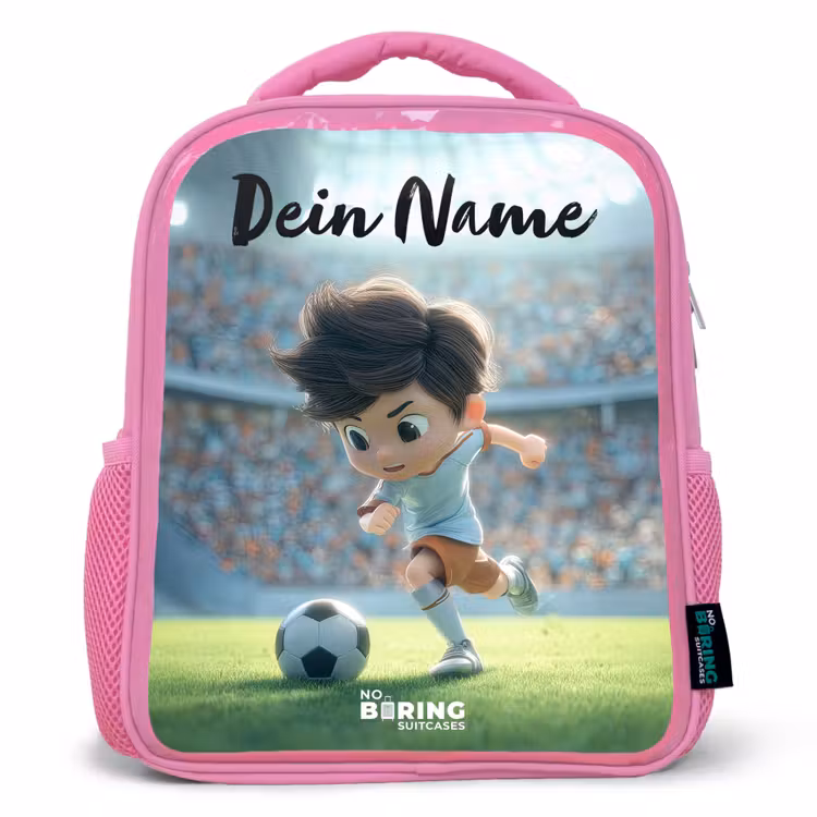 Kinderrucksack mit Namen - Rosa - Junge - Fußball - Stadion - Sonnenlicht — 1