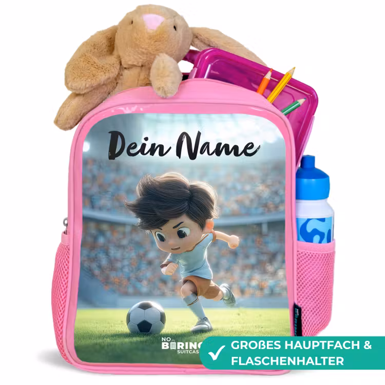 Kinderrucksack mit Namen - Rosa - Junge - Fußball - Stadion - Sonnenlicht — 3