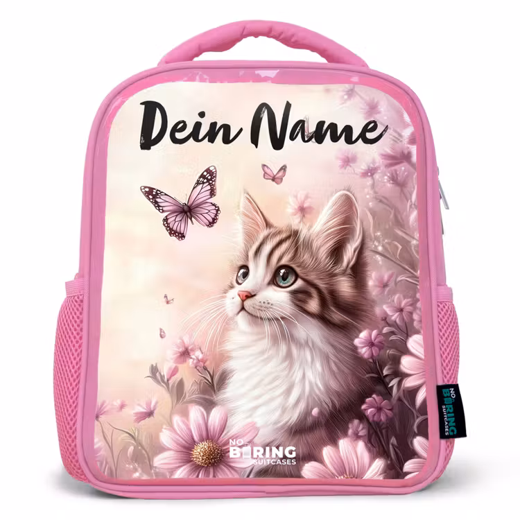 Kinderrucksack mit Namen - Rosa - Kätzchen - Schmetterlinge - Lila - Blumen — 1