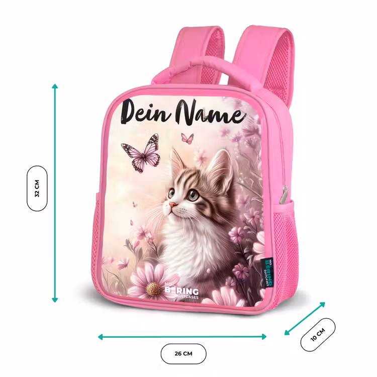 Kinderrucksack mit Namen - Rosa - Kätzchen - Schmetterlinge - Lila - Blumen — 2
