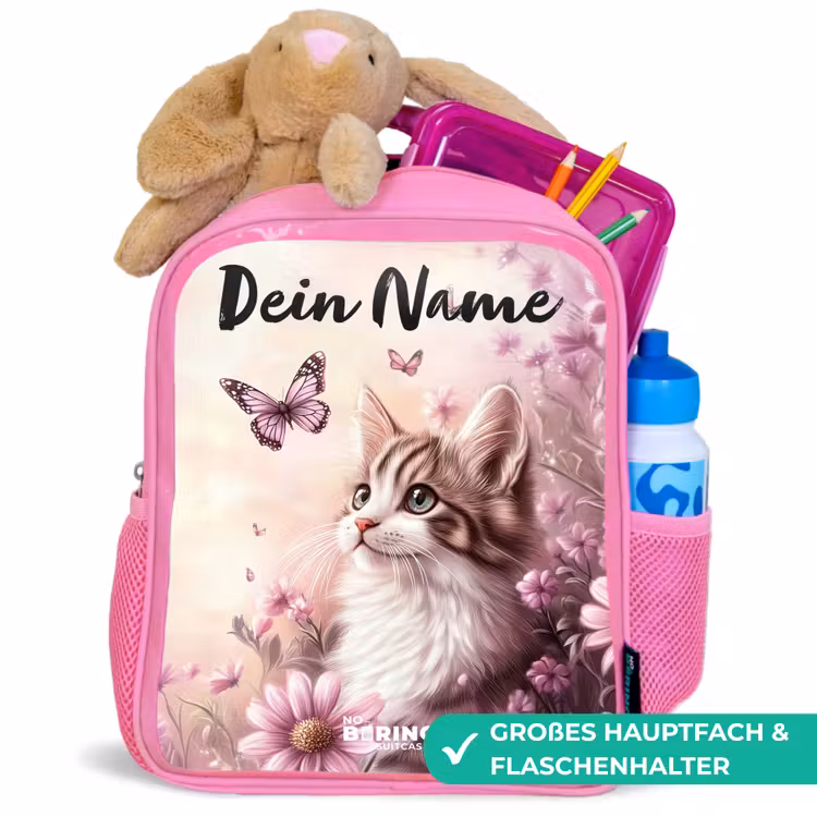 Kinderrucksack mit Namen - Rosa - Kätzchen - Schmetterlinge - Lila - Blumen — 3