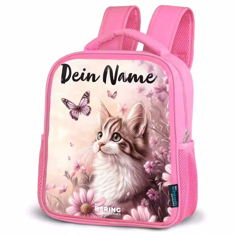 Kinderrucksack mit Namen - Rosa - Kätzchen - Schmetterlinge - Lila - Blumen — 4