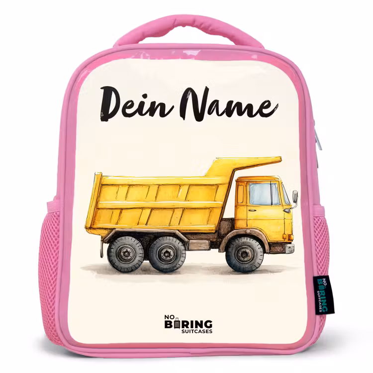 Kinderrucksack mit Namen - Rosa - Muldenkipper - Signiert - Gelb — 1