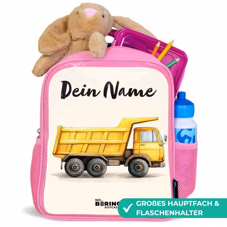 Kinderrucksack mit Namen - Rosa - Muldenkipper - Signiert - Gelb — 3