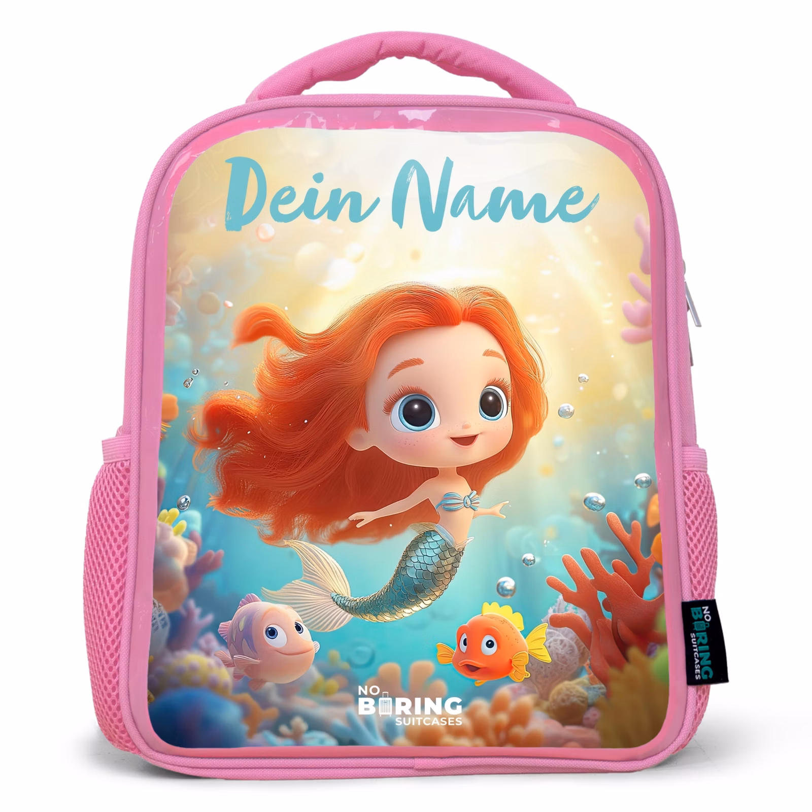 Kinderrucksack mit Namen - Rosa - Meerjungfrau - Fisch - Koralle — 1