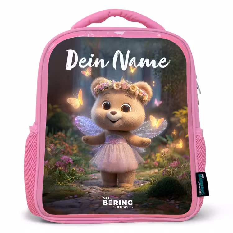 Kinderrucksack mit Namen - Rosa - Bär - Schmetterlinge - Wald - Fee — 1