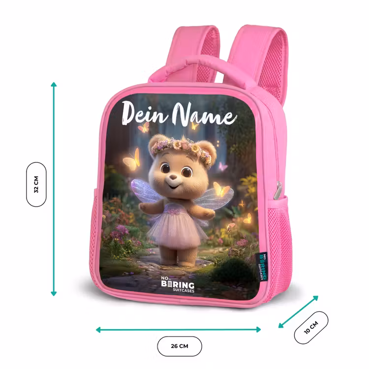 Kinderrucksack mit Namen - Rosa - Bär - Schmetterlinge - Wald - Fee — 2