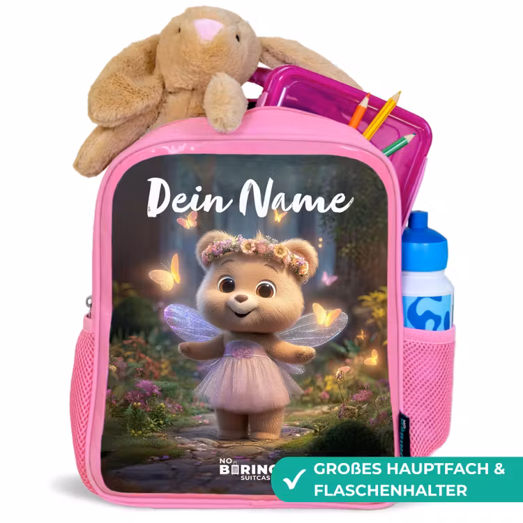 Kinderrucksack mit Namen - Rosa - Bär - Schmetterlinge - Wald - Fee — 3