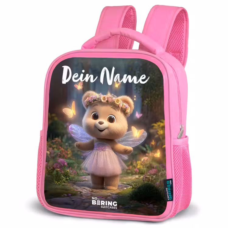 Kinderrucksack mit Namen - Rosa - Bär - Schmetterlinge - Wald - Fee — 4