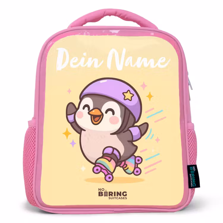 Kinderrucksack mit Namen - Rosa - Kawai - Pinguin - Schlittschuhe — 1