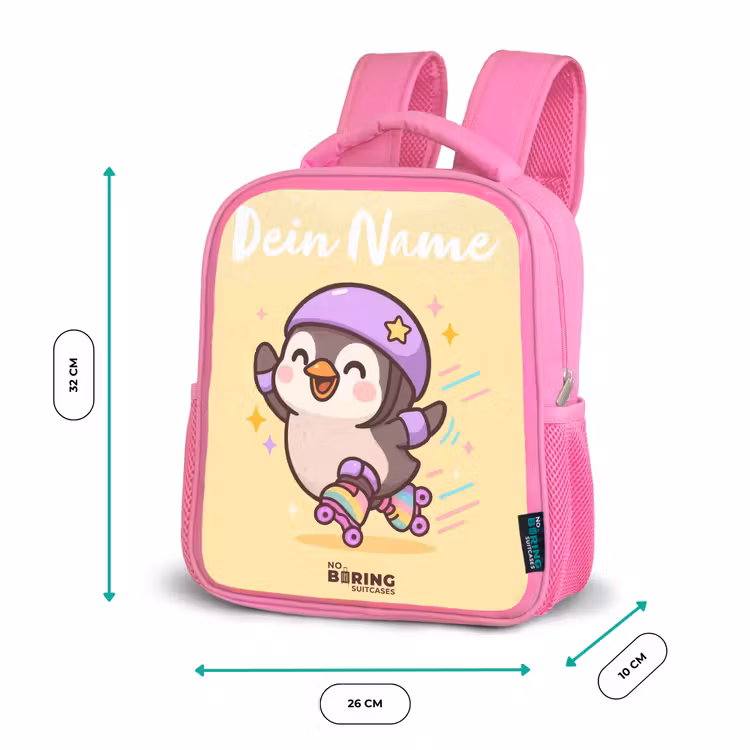 Kinderrucksack mit Namen - Rosa - Kawai - Pinguin - Schlittschuhe — 2