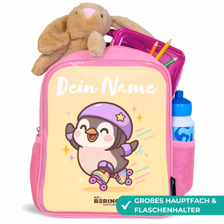 Kinderrucksack mit Namen - Rosa - Kawai - Pinguin - Schlittschuhe — 3