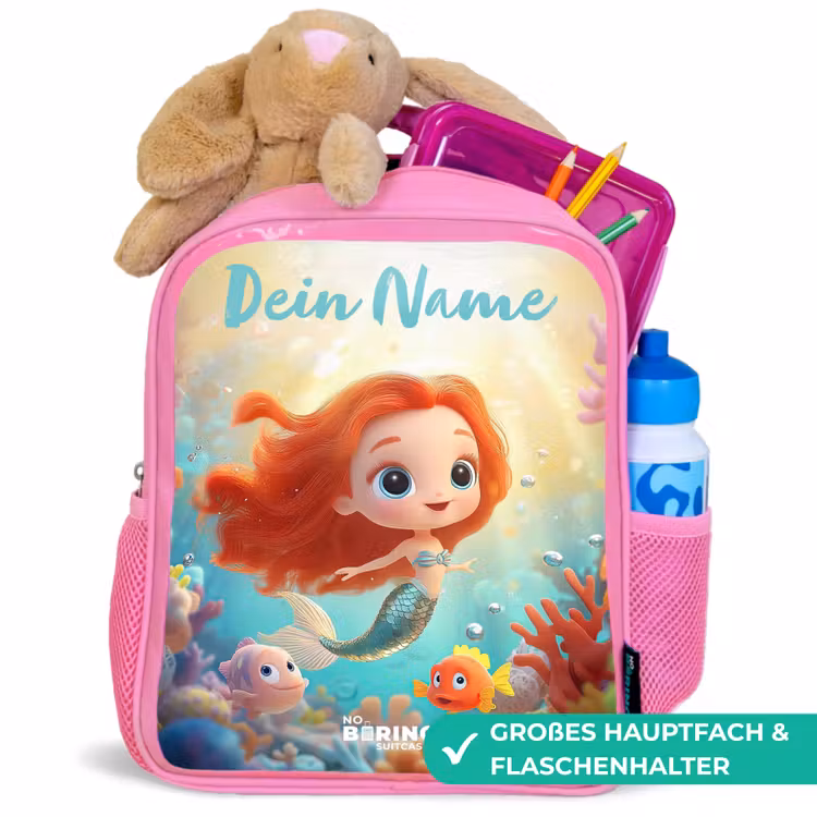 Kinderrucksack mit Namen - Rosa - Meerjungfrau - Fisch - Koralle — 3